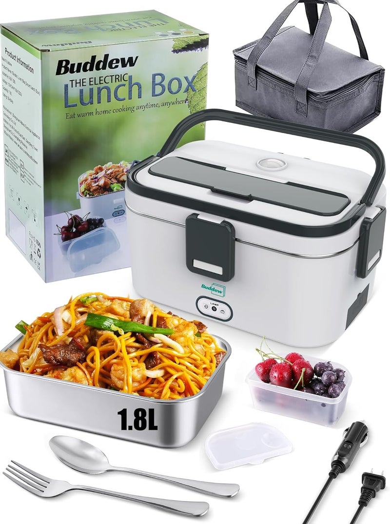 Buddew Electric Lunch Box for Adults, 80W Heated Lunch Box 1.8L Stainless Steel Portable Food Warmer,12/24/110V Lonchera Electrica Portatil for Travel & Work, Loncheras para Hombres de Trabajo(Gray) - Image 1